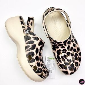 CROCS Women's Bone/Leopard Print Classic Platform Animal Remix Clog size 9